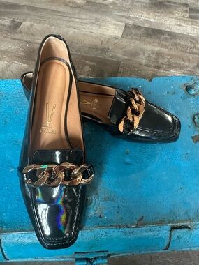 Vizzano Black Patent Loafers with Gold Chain Accent